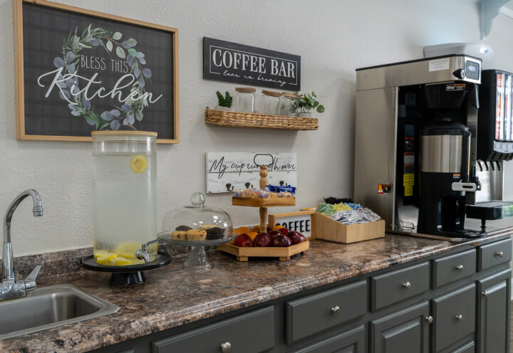 Coffee Bar Refreshment Station with Farmhouse Decor at Assisted Living Facility Coffee Bar Refreshment Station with Farmhouse Decor at Assisted Living Facility