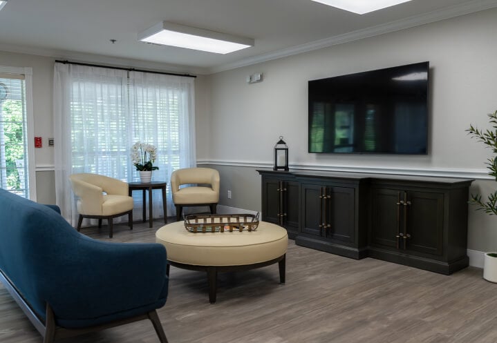 TV Lounge with Blue Sofa and Entertainment Cabinet at Assisted Living Facility TV Lounge with Blue Sofa and Entertainment Cabinet at Assisted Living Facility